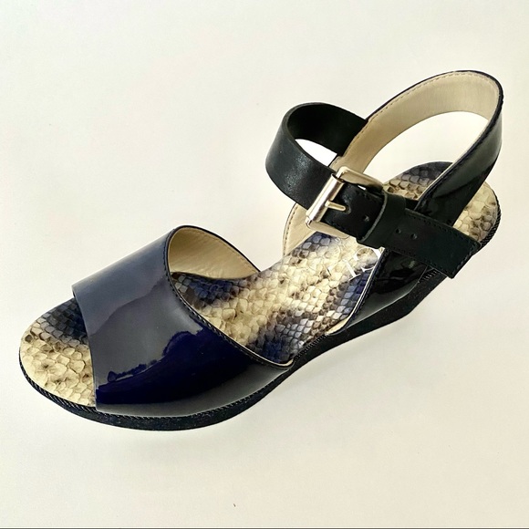 AGL 👡 PLATFORM WEDGE SANDALS denim and NAVY patent leather with wide strap - Picture 4 of 12